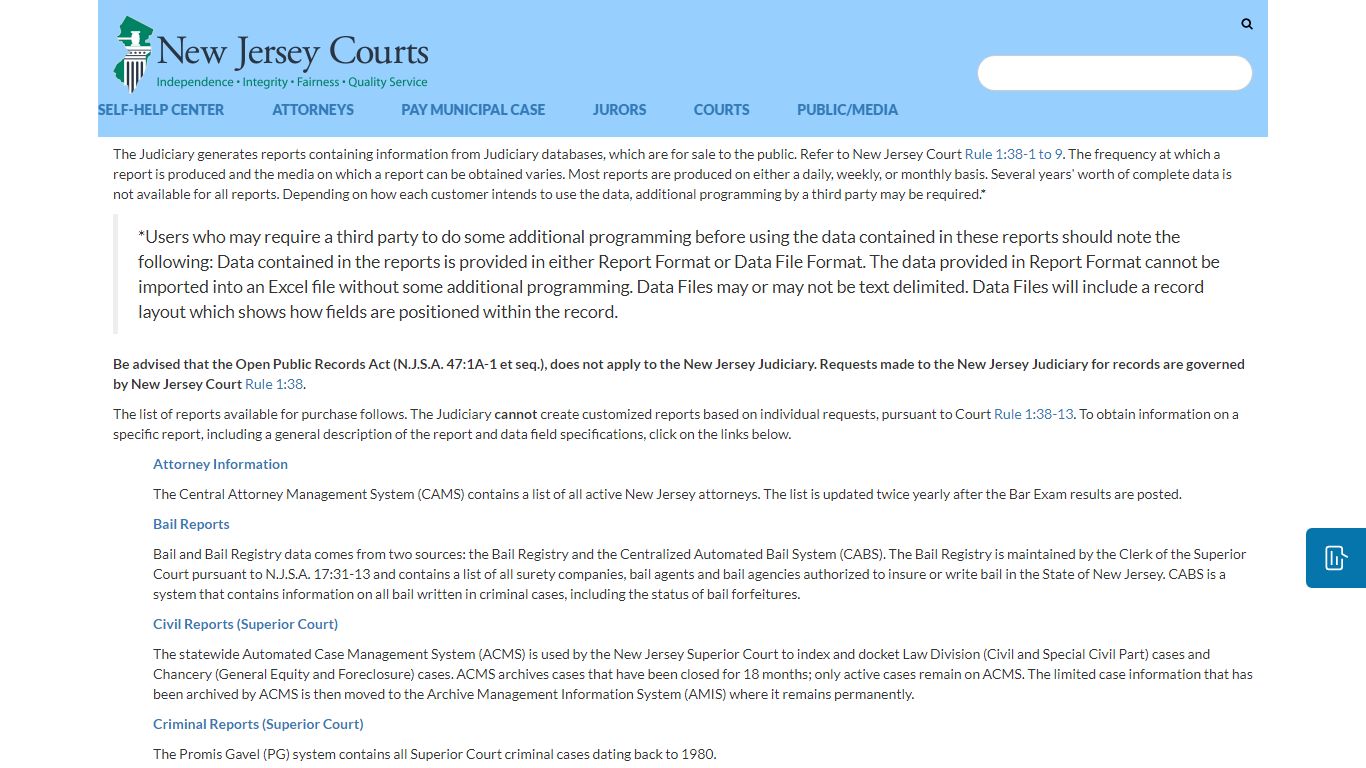 Public Access Reports - New Jersey Superior Court